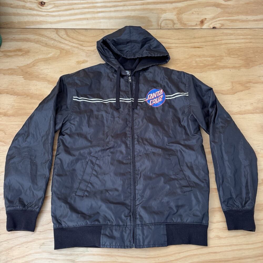Santa Cruz Skateboards Black Hooded Windbreaker Jacket Logo Back Small S